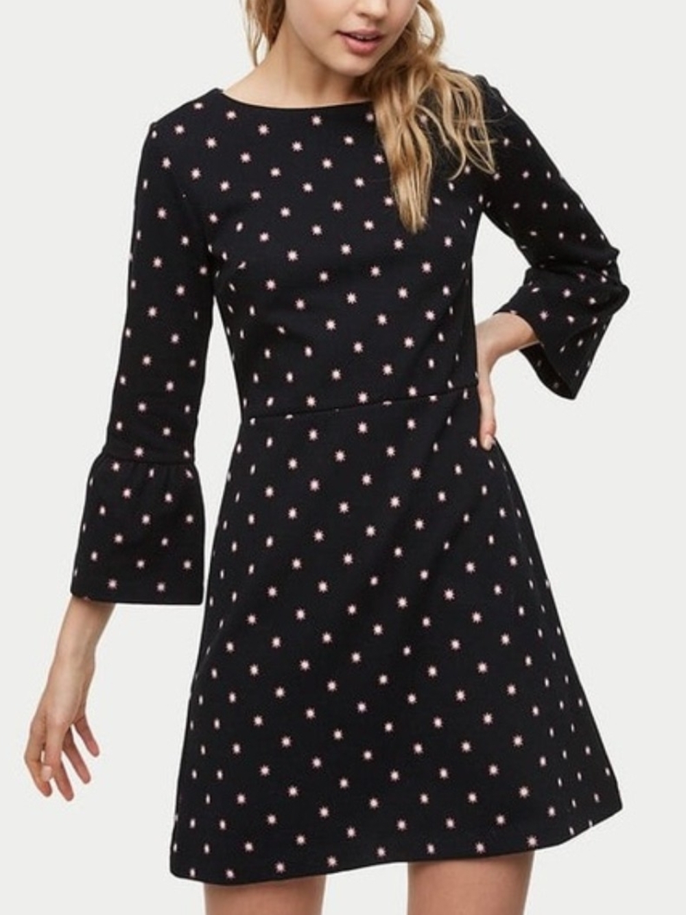 LOFT Black Star-Print Bell-Sleeve Dress - Women's